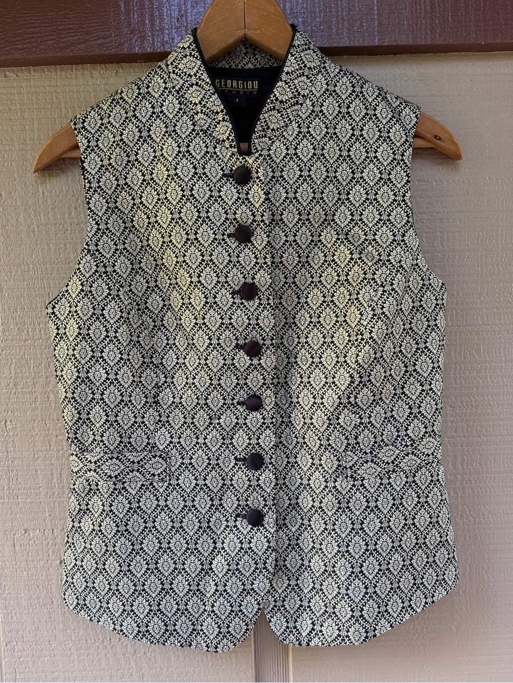 Vintage Georgiou Studio Patterned Button Front Nehru Waistcoat Vest Top 4 S